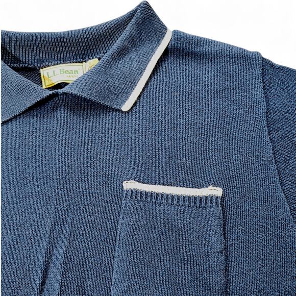 Vintage LL Bean Made in USA Knit Polo Shirt Grandpacore Preppy Navy Blue Men's L - Picture 3 of 8